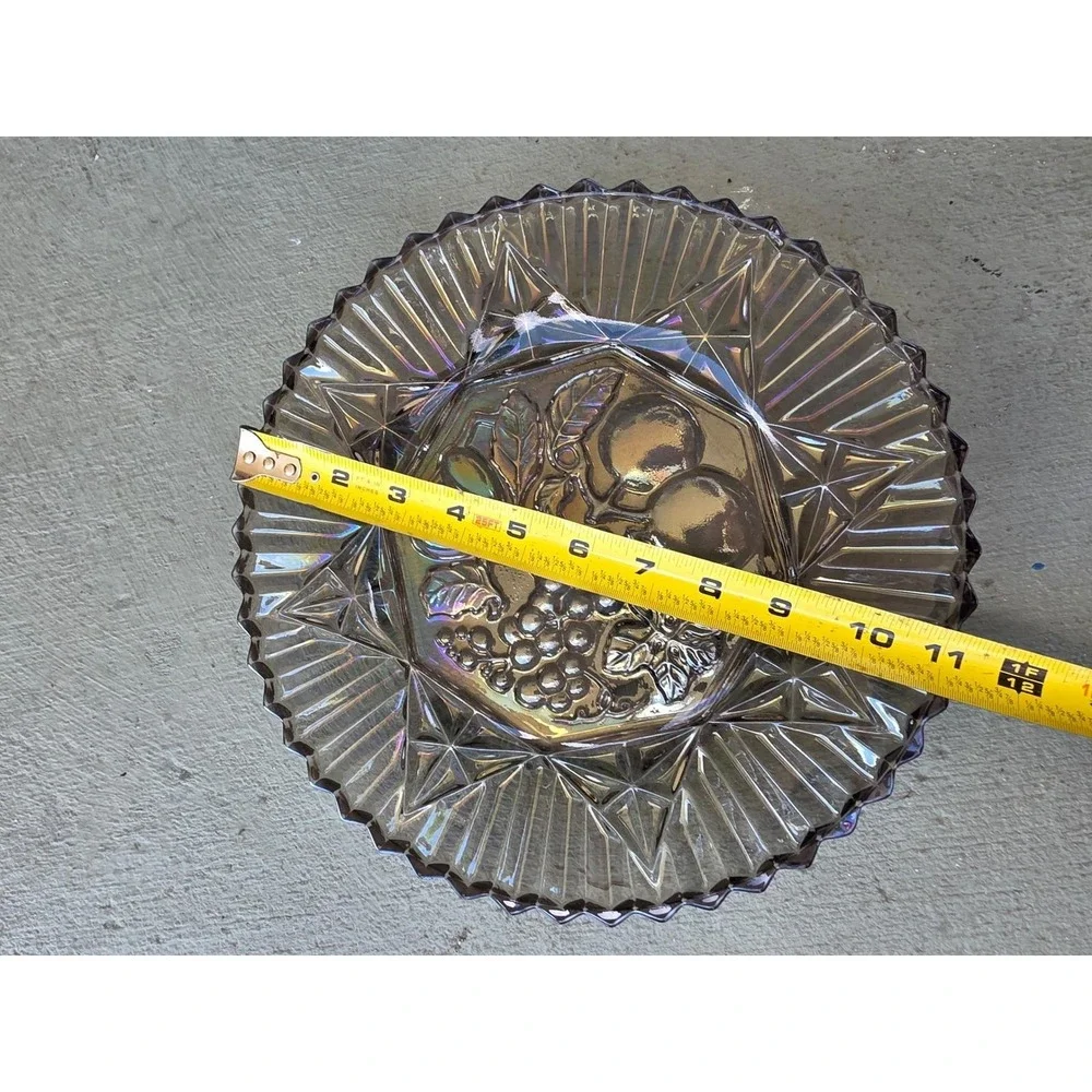 Vintage Carnival Glass Bowl Iridescent Fruit Harvest Grapes Pears 10.5 Inch‎ E3